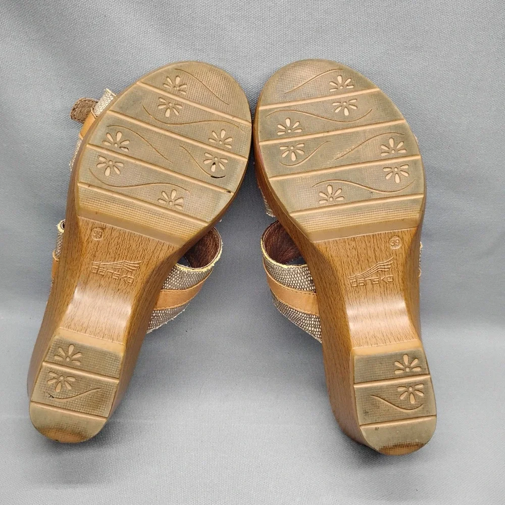Dansko Women Tan Snake Print Leather Buckle Wedge Slide Sandals Size 39